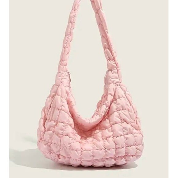 Light Pink Quilted Puffer Shoulder Tote Bag Large Capacity Travel Purse - Picture 1 of 6